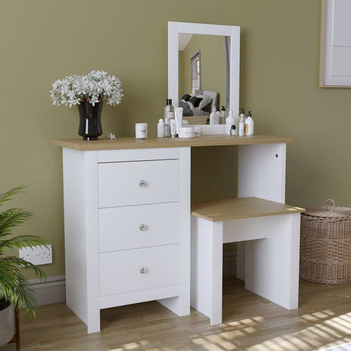 Coiffeuse Arlington blanc et chêne avec 3 tiroirs tabouret et miroir – Meuble de chambre pour maquillage