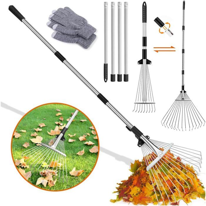 Râteau De Jardin Réglable 98-134 Cm Avec 25 Dents Métal - Balai Éventail Pour Feuilles Pelouse Et Cour