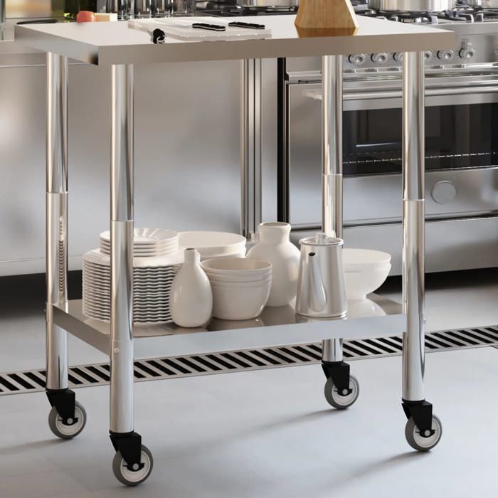 BEST-HOME Table de travail de cuisine Étagère de rangement - plan de travail - avec roues 825x55x85cm inox kvci13368