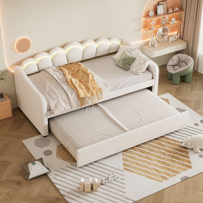 Canapé-lit pliant en velours 90 x 200 cm avec lit gigogne 90 x 190 cm lit de jour avec éclairage dambiance télécommande Beige