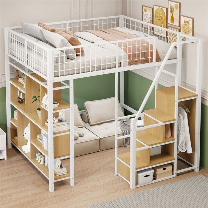 Lit mezzanine 2 places adulte 140x200 avec étagère et escalier rangement armoire et espace sous le lit multifonction métal blanc
