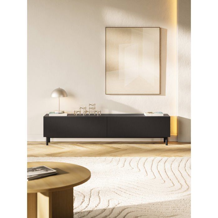 SELSEY Meuble tv avec fa&ccedil;ade &agrave; rainures, noir, 175 cm