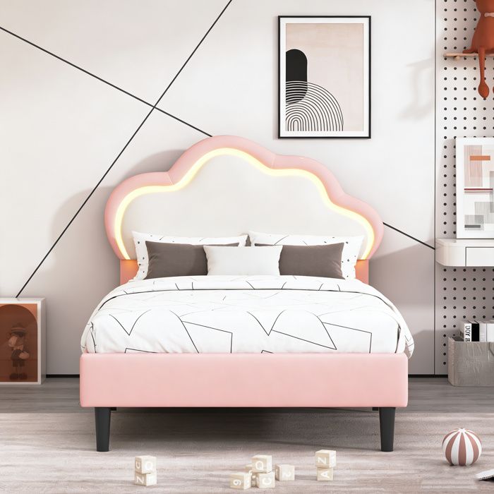 Lit 90x200 avec sommier à lattes COZY lit fille 90x200 cm cadre de lit princesse avec LED forme nuage tissu PU Rose 1 place
