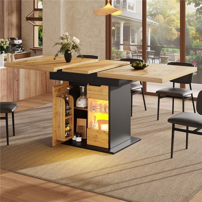 Table a Manger Extensible Bois 4 à 6 Personnes avec Éclairage LED et Étagères Ajustables Table Extensible 110–140 cm avec