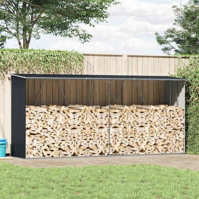 Abri de stockage à bois - Happiness - Acier galvanisé - 330x84x152 cm - Anthracite - Caillebotis surélevés