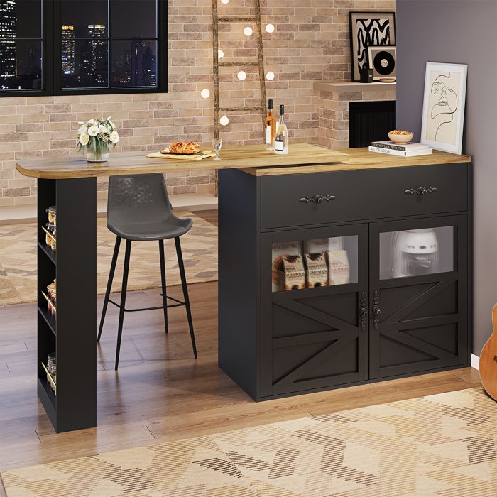 Table De Bar Extensible 138-204×39×105cm  Noir  - Rangement Grand Espace Led Mobile Cuisine Ilot 98548546