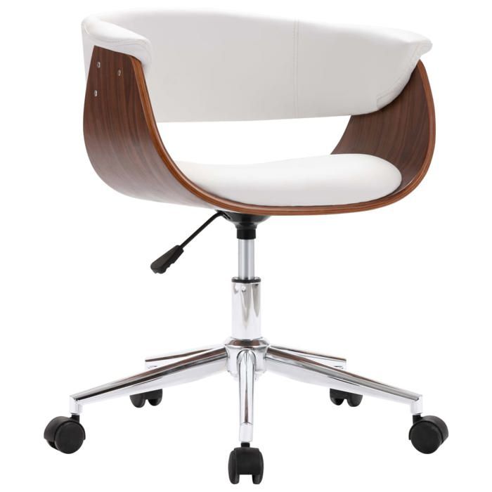 Fauteuil pivotant de bureau - CLARENCE - Blanc - Bois courbé - Similicuir - 59 5x58x66-74 cm - Pivotant 360°