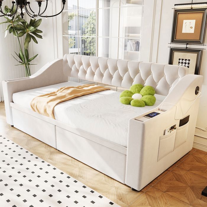 Canapé-lit - MERAX - Lit de jour 90x190 cm - Velours beige - Tiroirs & rangements - Ports USB/Type-C Canapé-lit - MERAX - Lit de jour 90x190 cm - Velours beige - Tiroirs & rangements - Ports USB/Type-C