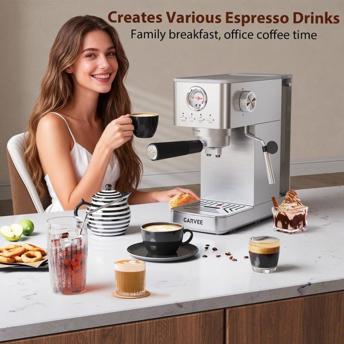 Machine à expresso compacte - LUNSY - Acier inoxydable - 1300 W - 15 bars - Manomètre intégré - Buse vapeur - Lunsy
