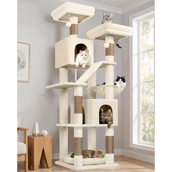 Arbre A Chat Beige Grand Hauteur 189 Cm Avec 2 Niches 2 Perchoirs Rembourrés Pente Sisal Peluche Lit Amovible Arbres À C[YA339]