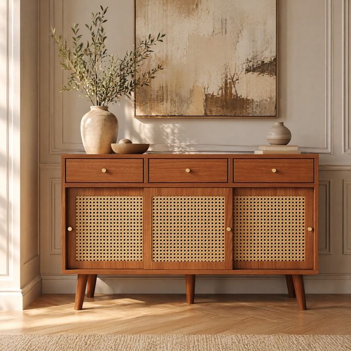 Buffet bas 3 tiroirs 3 portes coulissantes - ELVMI - façade rotin étagères réglables MDF noyer 120 × 40 × 78 cm