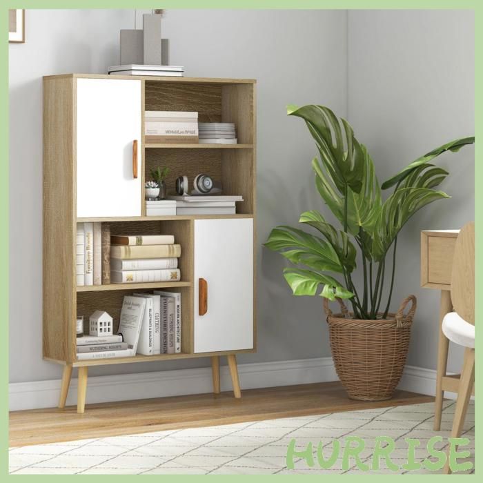 Cocosity Bibliothèque Scandinave 4 Niches + 2 Placards Avec Étagère Dim. 80L X 24L X 123H Cm Pieds Effilés Inclinés Bois Massif Ch