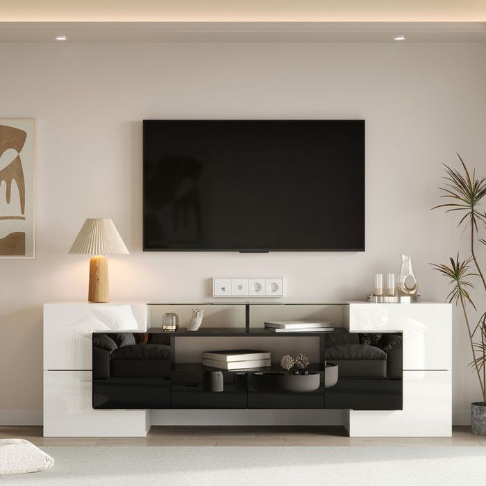 Meuble TV élégant panneau bas. Haute brillance-blanc et noir éclairage LED mobilier de salon.Surface En Verre - 200 x 35 x 60cm