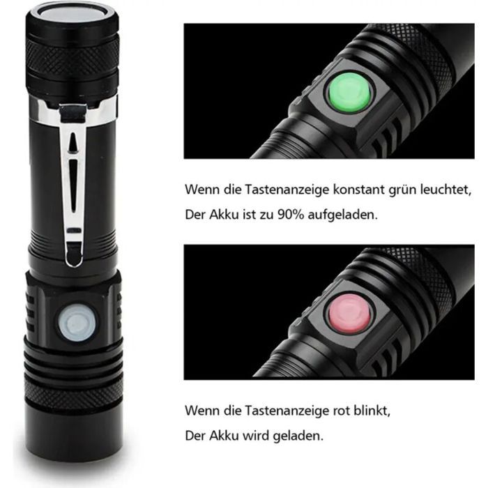 Lampe de poche tactique LED - Virex® - Super lumineuse - USB rechargeable - LED T6 10 W - Faisceau 500 m