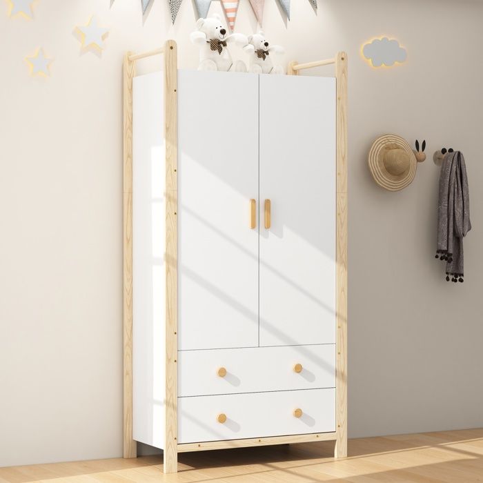 Armoire penderie 2 portes - Armoire de chambre - 2 tiroirs et tringle incluse - Structure en pin massif - Style scandinave -Blanc