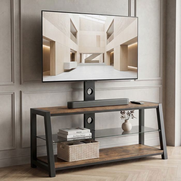 LINHOO Meuble TV avec Support Pivotant Réglable en Hauteur Rangement 3 Niveaux