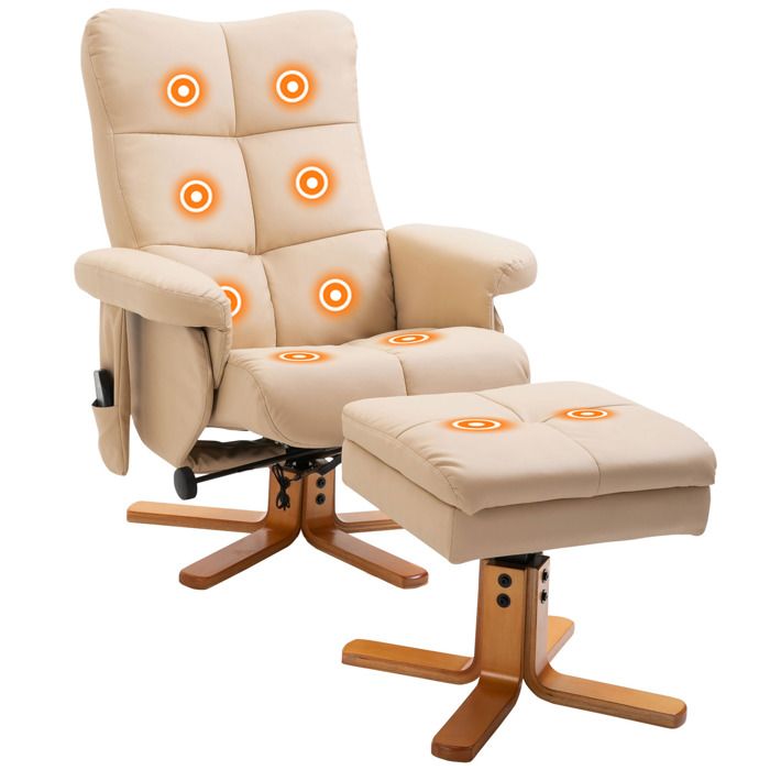 Fauteuil relax massant avec pouf - HOMCOM - pivotant à 360° dossier inclinable télécommande - PU - 80 x 86 x 99 cm - crème