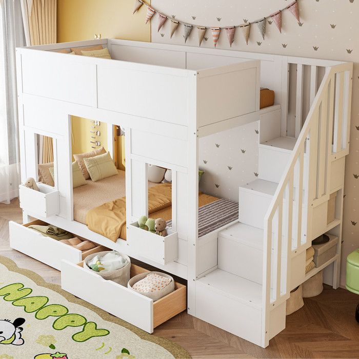 Lit superposé pour enfant LUONIANS 90 x 200 cm avec fenêtres et coffres de rangement blanc