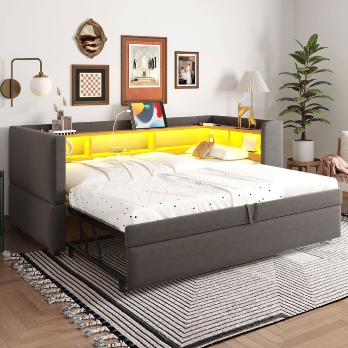 Canapé-lit - KOMHTOM - KOMHTOM - Convertible 180x190 cm - Tissu gris foncé - LED et prises Canapé-lit - KOMHTOM - KOMHTOM - Convertible 180x190 cm - Tissu gris foncé - LED et prises