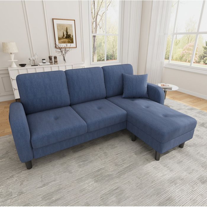 Canapé d’angle modulable bleu en corduroy avec méridienne réversible