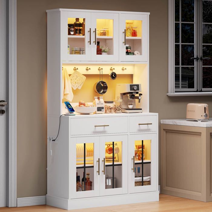 Buffet de cuisine 180x100 cm 6 portes 2 tiroirs étagères réglables LED et prise style campagne poignées or