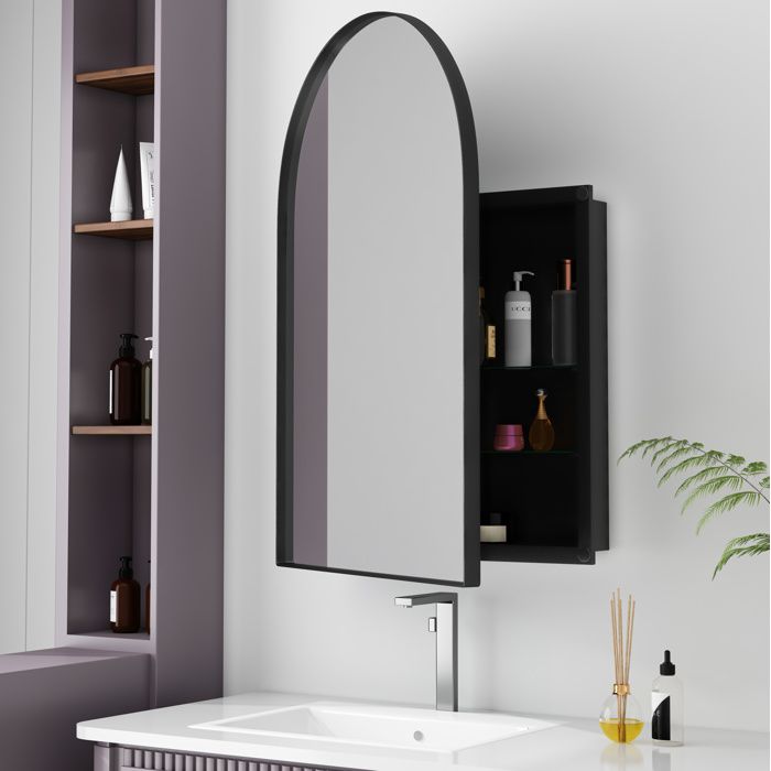 Armoire à pharmacie murale miroir arqué encastrable avec étagères réglables cadre métal verre noir