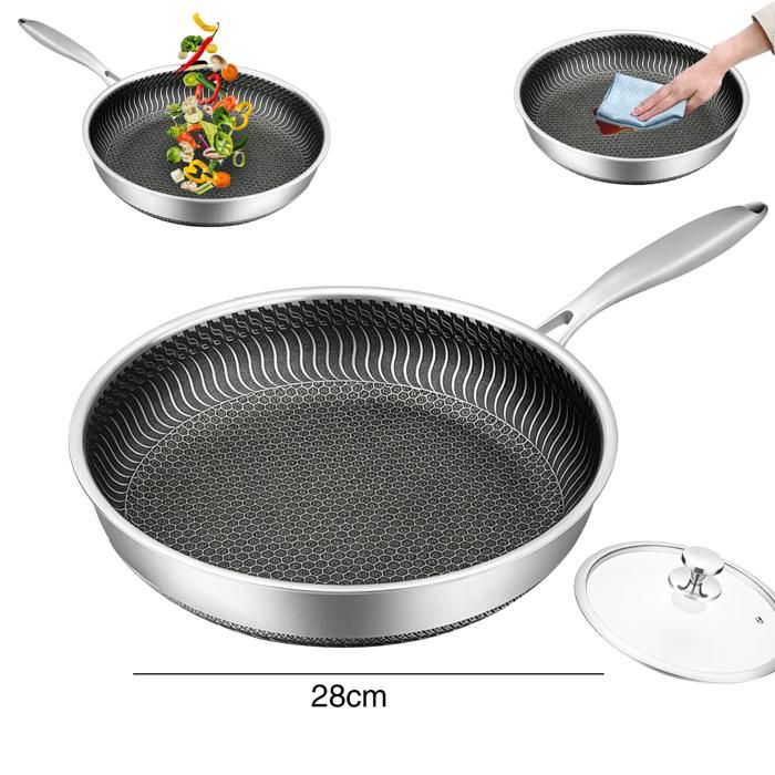 Poêle à frire en acier inoxy 28cm - Couvercle - Chauffage uniforme - structure en nid dabeille - Compatible tous les poêles -Poele