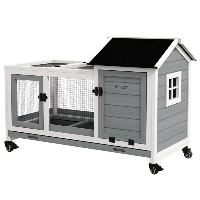 LIA Clapier cage à lapins rongeurs sur roulettes 2 portes verrouillables - dim. 108L x 58l x 73 5H cm - bois massif