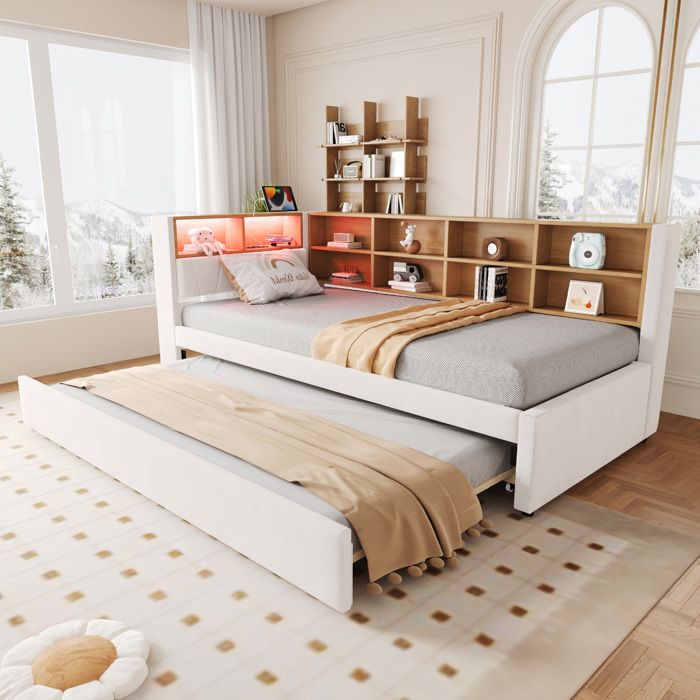 Lit combiné 2 places 90 × 200 cm et 90 × 190 cm avec LED USB Type-C et prise sans matelas Beige - UVRION