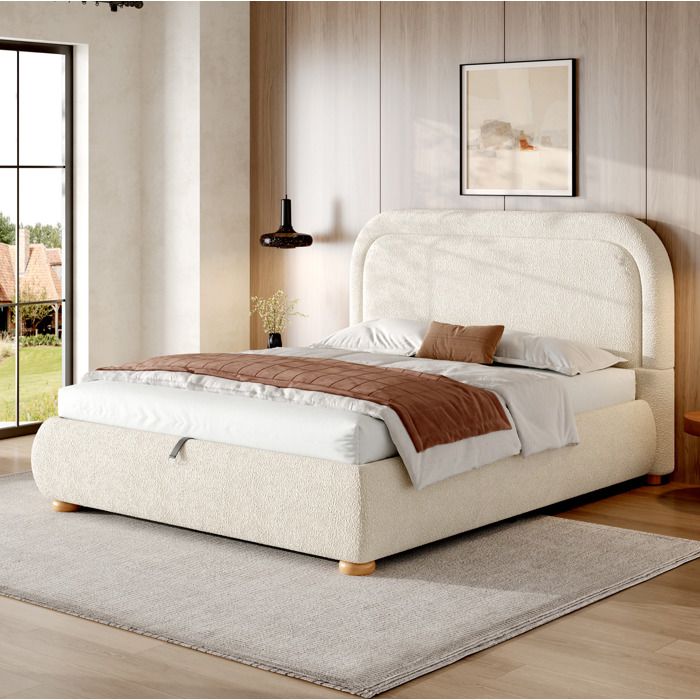 Lit Coffre 140x190 cm - FloraGrace avec rangement hydraulique tête de lit capitonnée sommier à lattes sans matelas - Beige