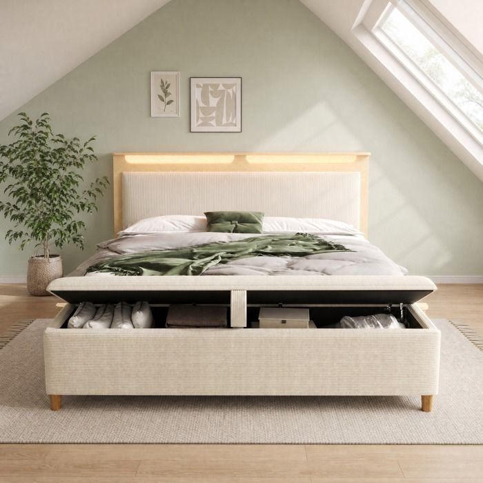 Lit double 160 x 200 cm EVRYAE avec tête de lit LED banc coffre et rangement bois clair beige sans matelas