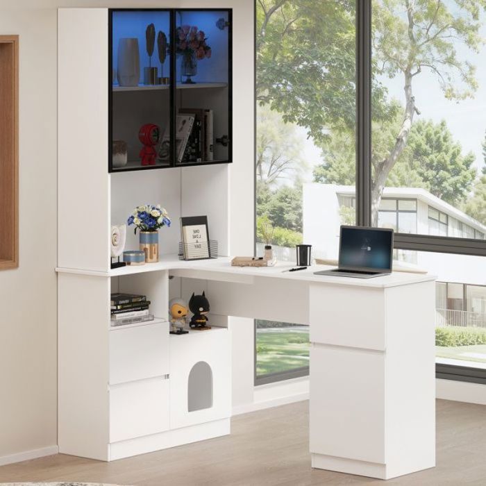 Bureau dangle tout usage L 120×80×180 cm vitrine LED intégrée 3 tiroirs 2 portes et rangements ouverts pour vos livres