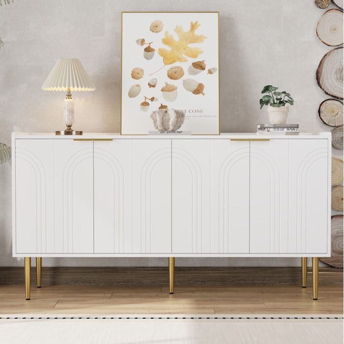 MEULVA Buffet bas 4 portes 140 x 38 x 75 cm en MDF blanc avec étagères réglables et pieds dorés