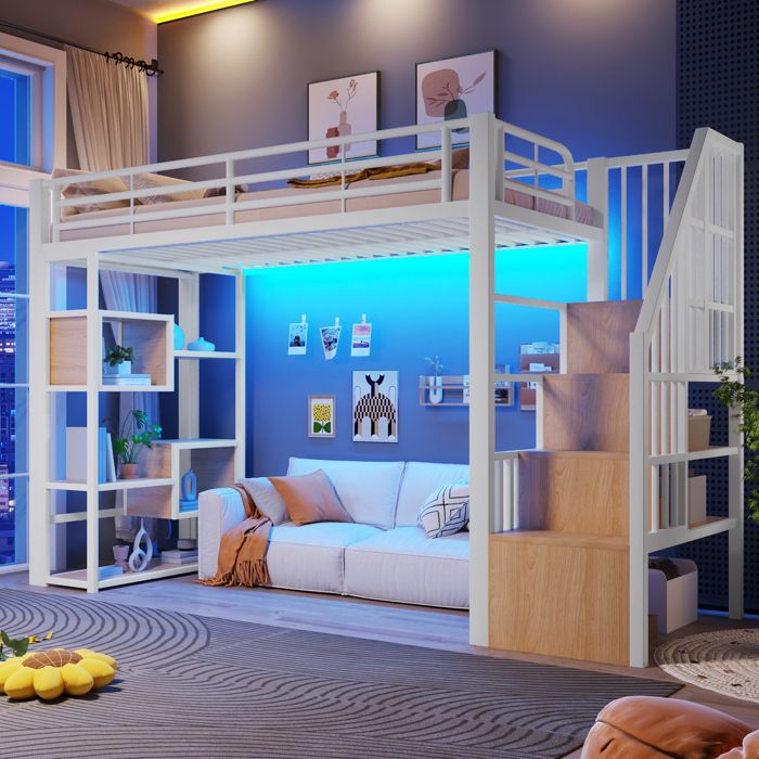 Lit mezzanine enfant - 90 x 200 cm - Cadre en acier et MDF - Étagères intégrées - Marches intégrées