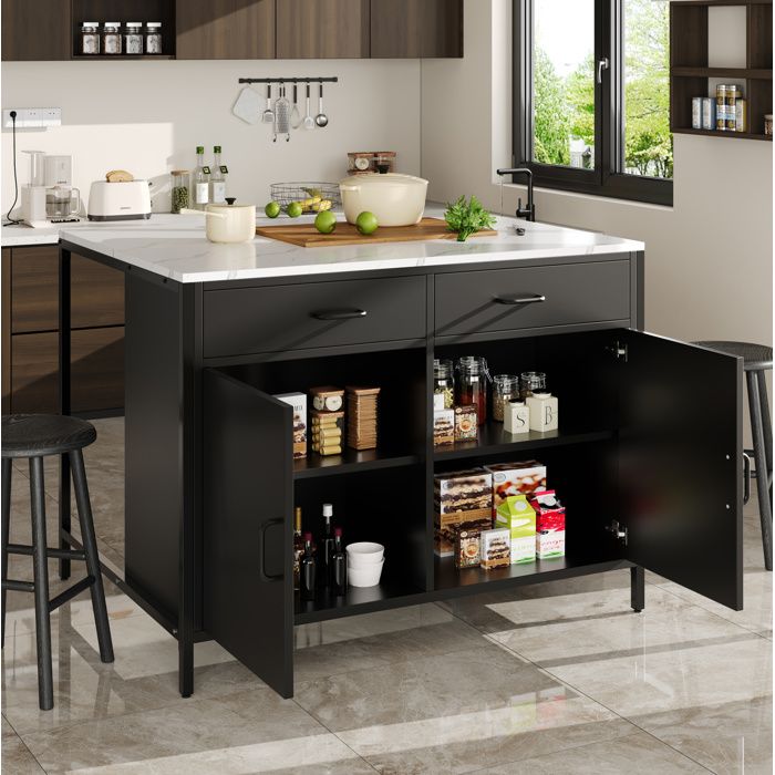 Table Haute de Cuisine Plateau Effet Marbre 2 Tiroirs 2 Portes - TCQPZ - en MDF Noir 100 × 90 × 90 cm