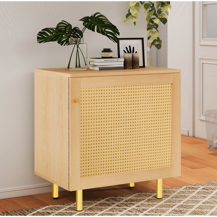 Buffet bas 1 porte en cannage tressé 60 x 40 x 63 cm MDF aspect bois naturel