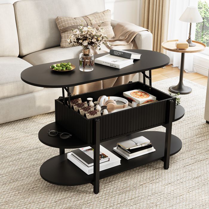 ADWOLT Table basse réglable en hauteur avec rangement table de salon ovale vérin à gaz compartiments sous le plateau noir