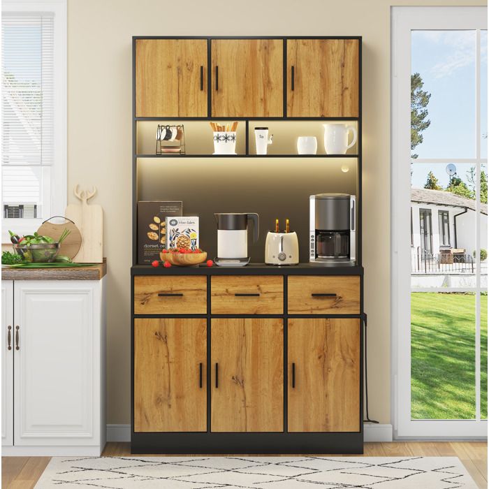 VEVXYN buffet armoire de cuisine rangement LED 6 portes 3 tiroirs prises USB étagères réglables 100 x 40 x 180 cm
