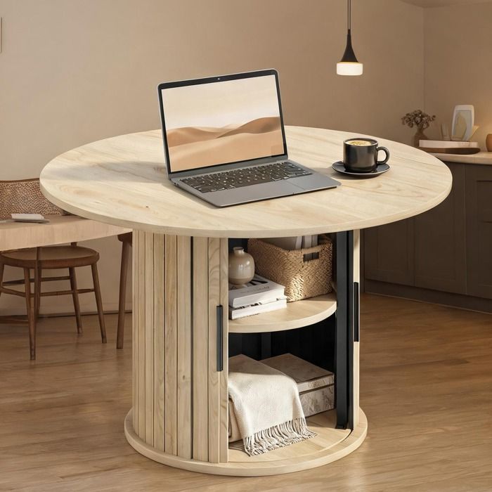 Table basse ronde en MDF effet bois naturel avec rangement coulissant 2 étagères salon contemporain