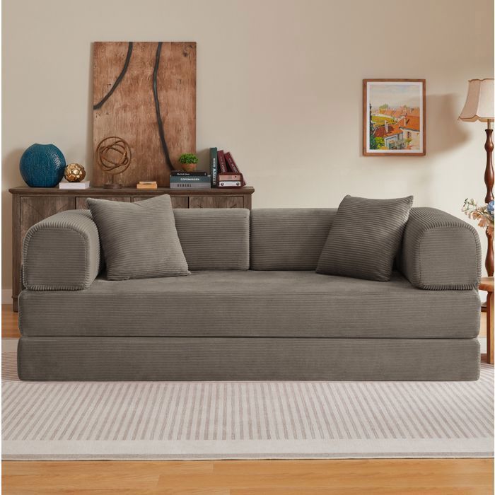 ULEVR Canapé convertible 3 places taupe en corduroy canapé-lit pliable matelas 17 cm 2 coussins acier chromé