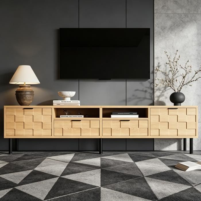 Meuble TV Bas en Bois Naturel 200x35x44.5cm Rangement 2 Tiroirs 2 Portes Décor Carré 3D Salon Salle Manger TV Jusquà 80 Pouces