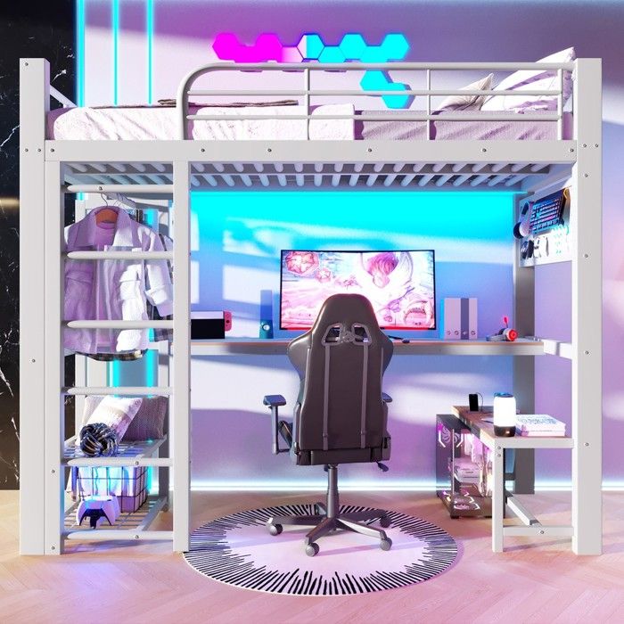 Lit mezzanine - PAGE LIVING - 90x200 - Métal blanc - Bureau intégré - LED & rangements