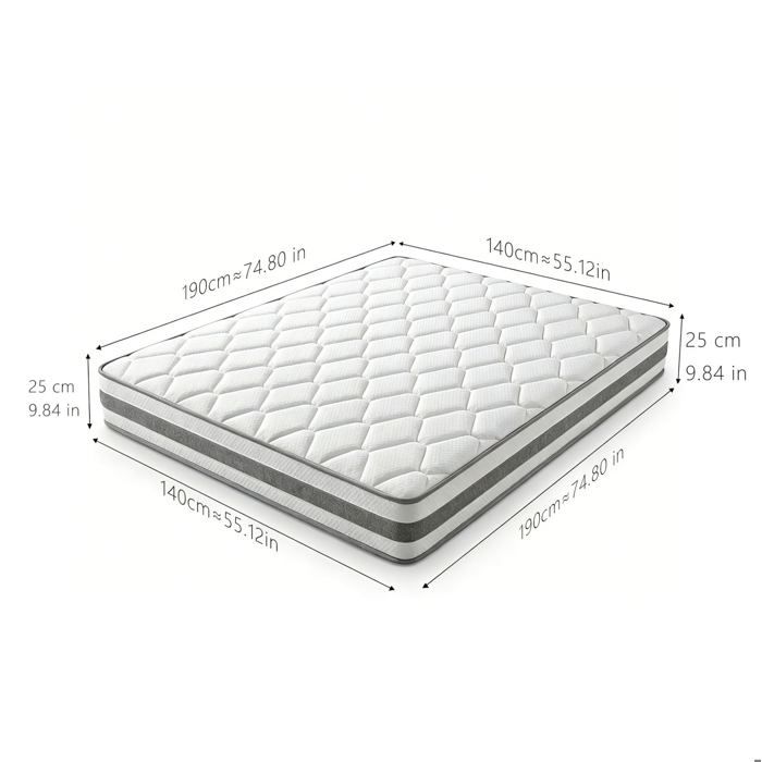 Matelas 140x190 H4 25 cm mousse confort ressorts ensachés 7 zones ergonomique adulte OEKO-TEX VEVXYN