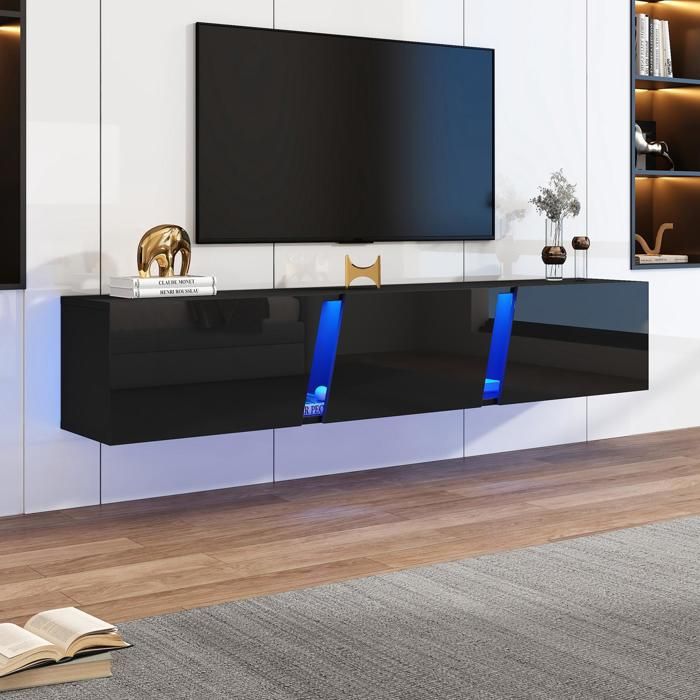 Meuble TV Suspendu Flottant 180 cm avec Lumières LED Meuble TV Mural Moderne Haute Brillance 3 Portes Pour Téléviseur 75 Pouces