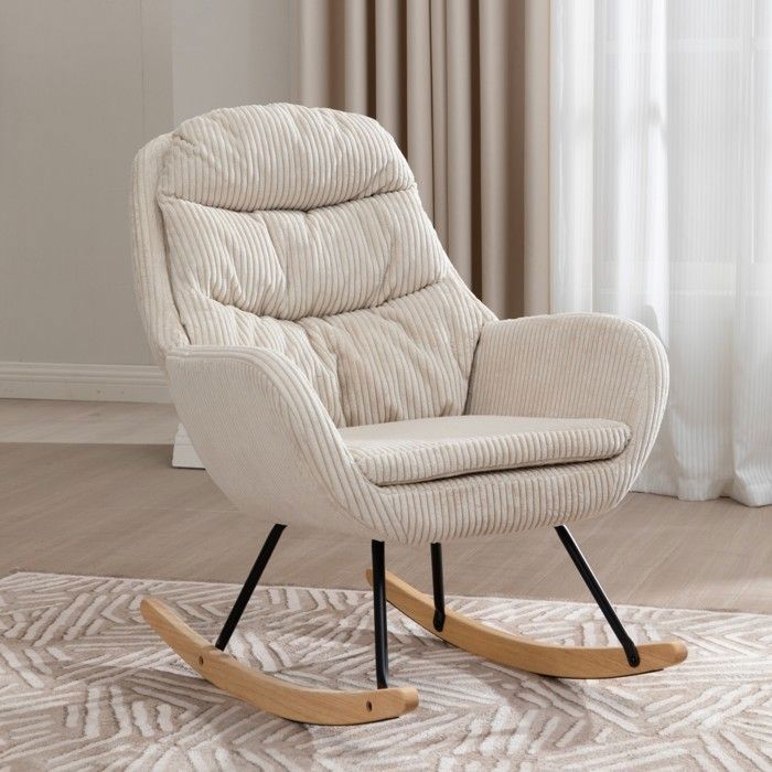 Fauteuil à bascule 74x94x96 cm ressorts ensachés structure robuste velours côtelé métal et bois beige