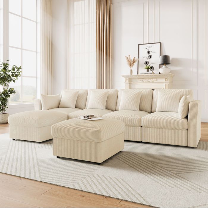 Canapé d’angle en U beige 290 x 159 5 x 89 cm modulable 6 places velours côtelé accoudoirs réglables pouf amovible
