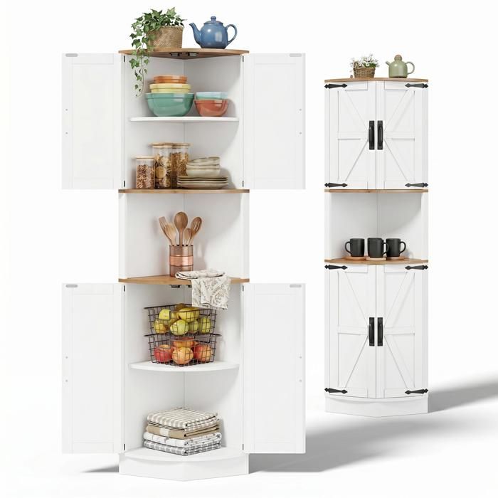 Buffet d’angle de cuisine - FURNITURER - 60x40x180 cm - 4 portes - Niche ouverte - Blanc