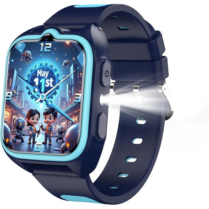 Montre Connectée Enfant 4G avec Localisateur GPS+WiFi+LBS Appel SOS Appel Vidéo/Chat Vocal/Appel/Mode Classe/Étanche IP68/Lampe