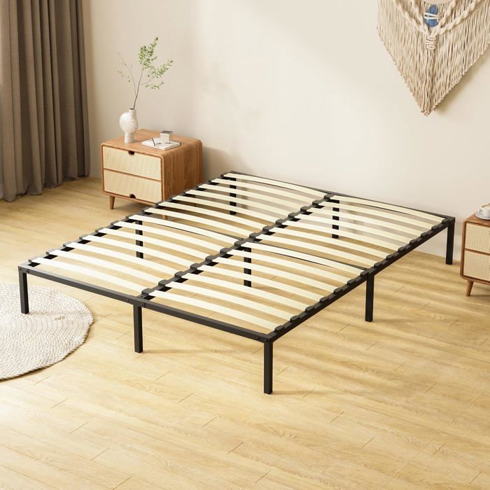 Sommier à lattes 160x200 - cadre de lit deux places avec 2x14 lattes 9 pieds hauteur 26 cm et espace de rangement