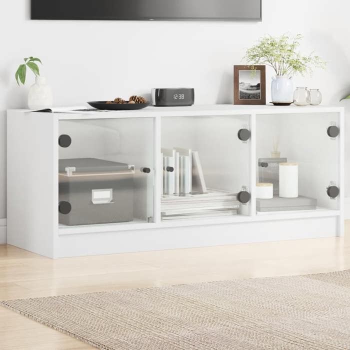 Cabinet HIFI robuste et stable - lot de 1 - MEUBLE TV SALON - avec portes en verre blanc 102x37x42 cm(1 parcel) T10705